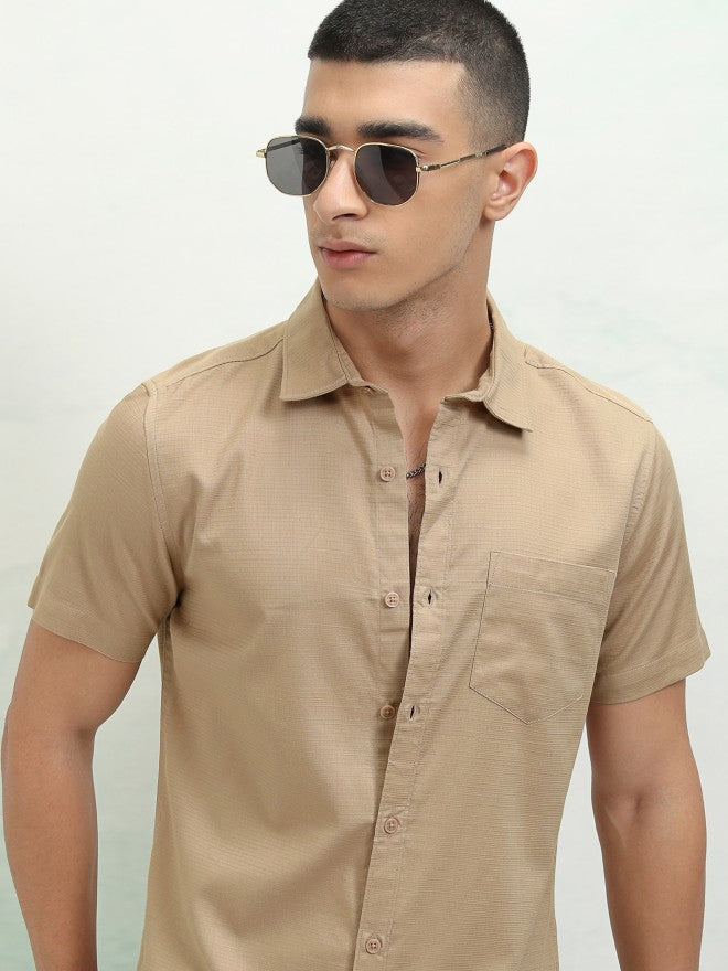 Highlander Men Beige Textured Regular Fit Casual Shirt - Beige - Image 1