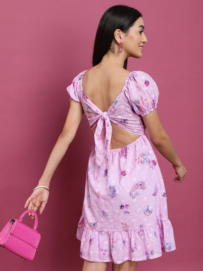 Vishudh Women Pink Printed A-Line Dress - Pink - Image 1