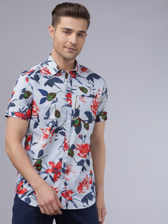 Mens Blue Slim Fit Printed Casual Shirt - Blue - Image 1