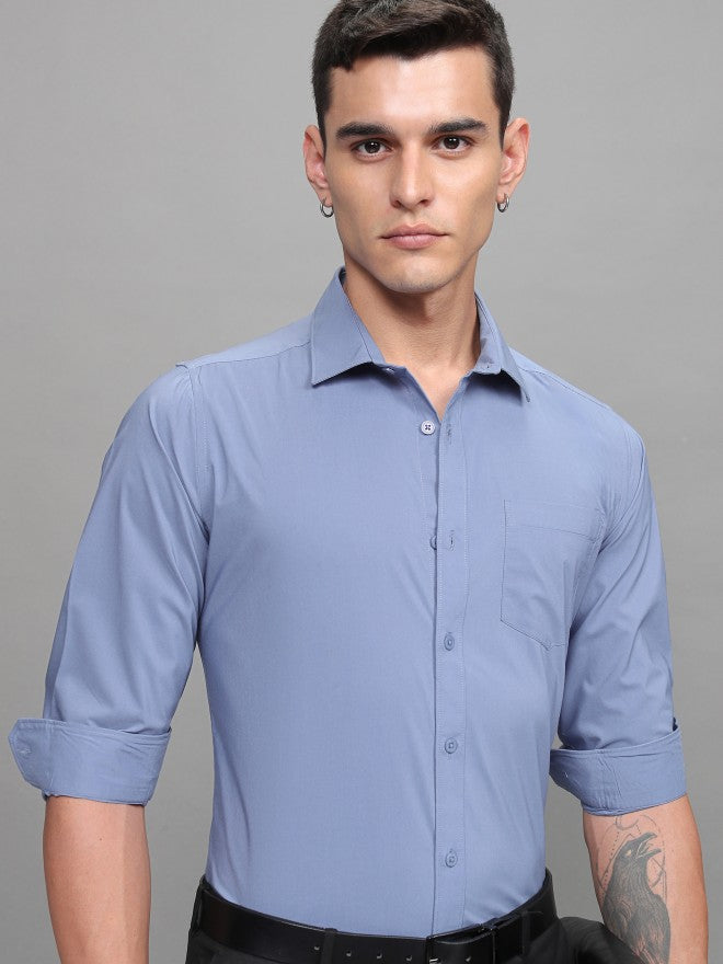 Highlander Men Blue Soft Stretch Solid Multi Occation Slim Fit Shirt - Blue - Image 1