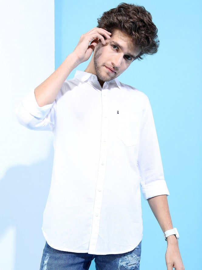 Mens White Slim Fit Solid Casual Shirt - White - Image 1