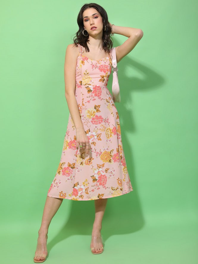 Tokyo Talkies Women Pink Printed Fit And Flare Dress - Pink - Image 1