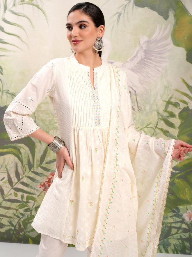 Vishudh Women Cream Embroidered Kurta With Trouser And Dupatta - Cream - Image 1