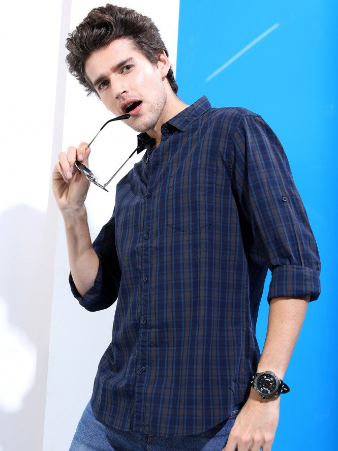 Mens Navy & Brown Slim Fit Checked Casual Shirt - Navy Blue - Image 1