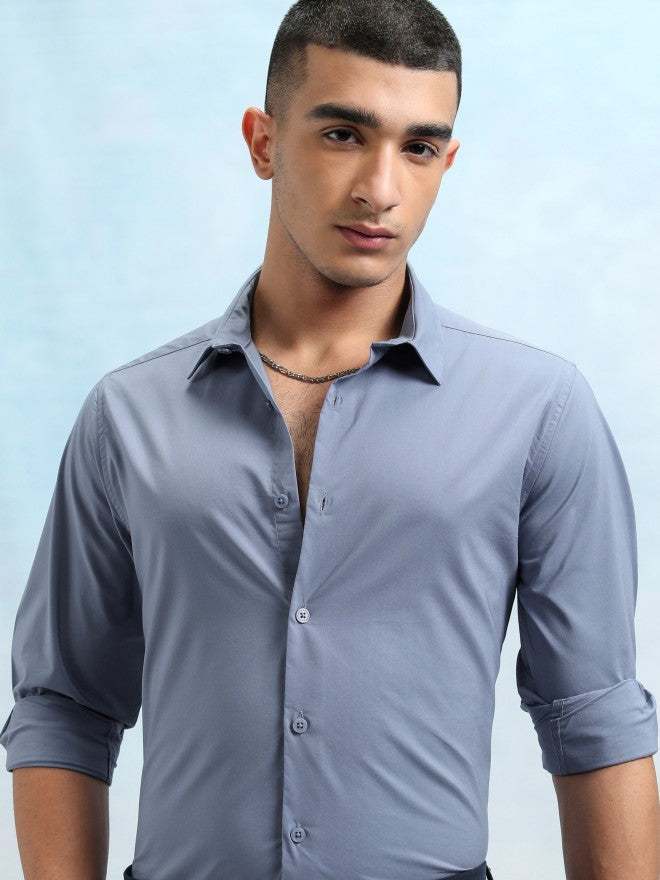 Highlander Men Blue Solid Slim Fit Casual Shirt - Blue - Image 1
