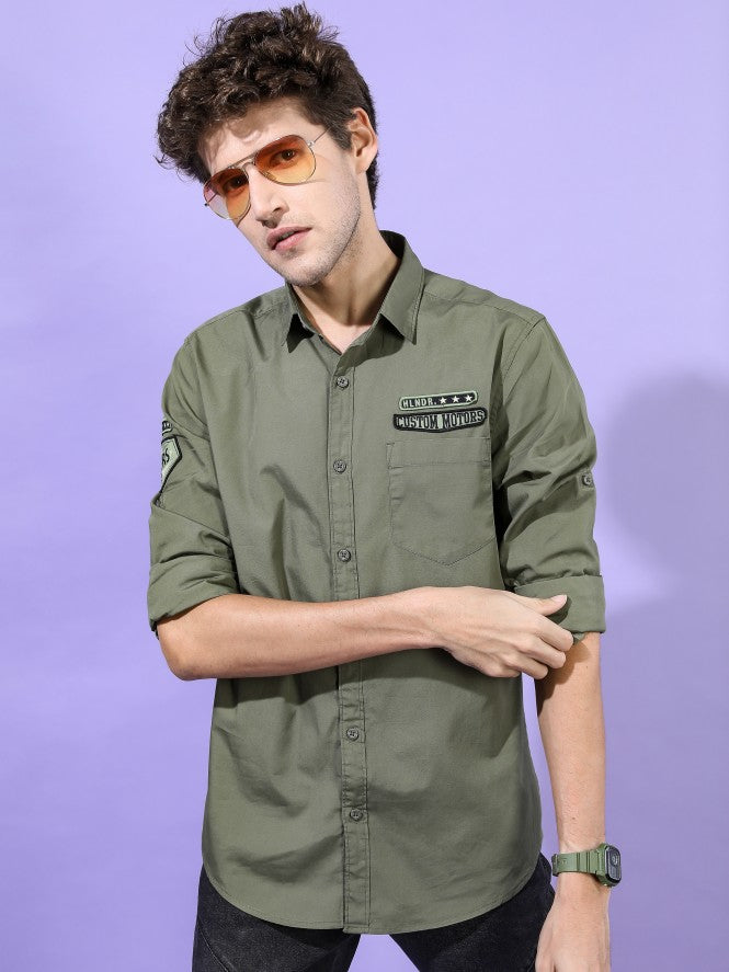 Highlander Men Olive Printed Slim Fit Casual Shirt - Olive - Image 1