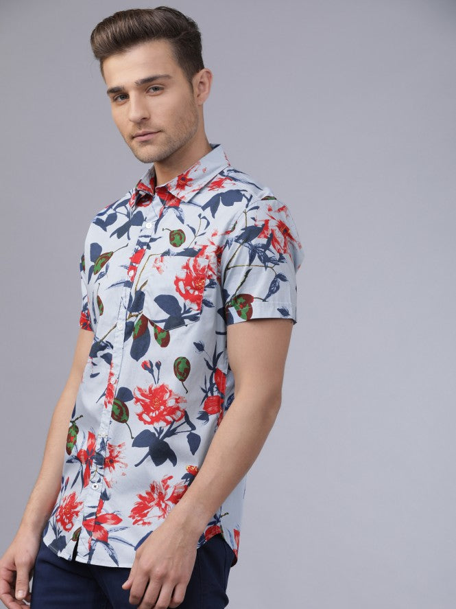 Mens Blue Slim Fit Printed Casual Shirt - Blue - Image 2