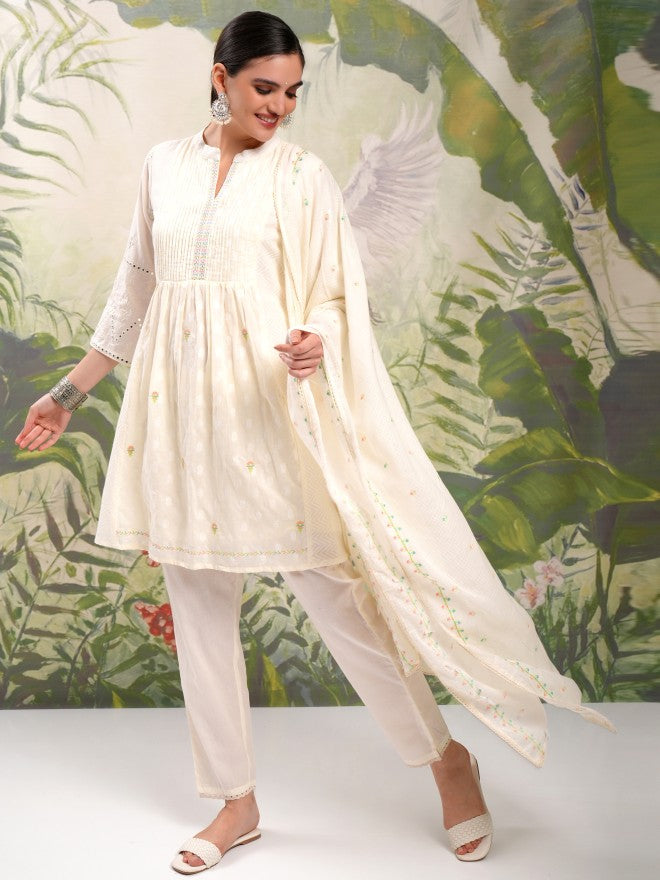Vishudh Women Cream Embroidered Kurta With Trouser And Dupatta - Cream - Image 2