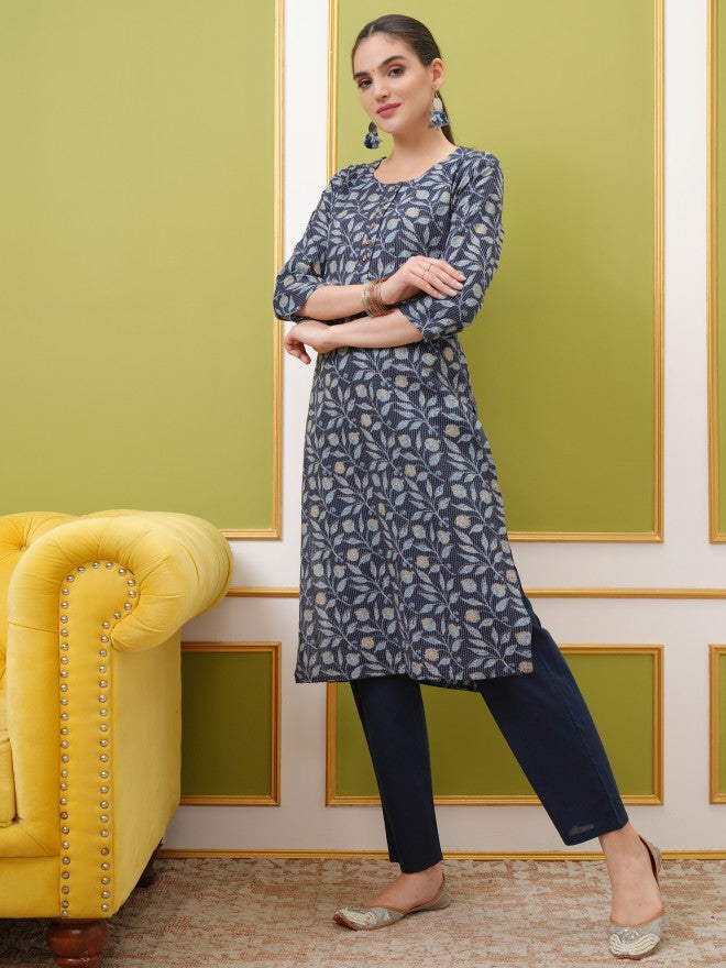 Vishudh Women Blue Printed Straight Kurta - Blue - Image 2