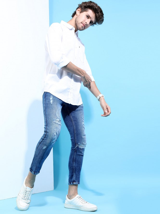 Mens White Slim Fit Solid Casual Shirt - White - Image 2