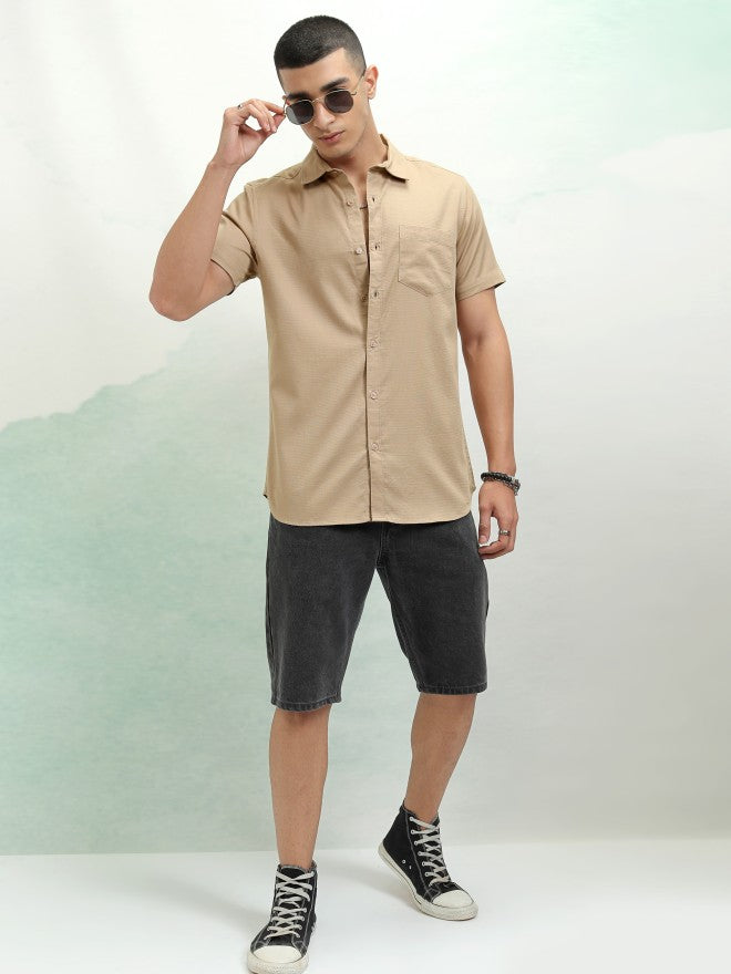 Highlander Men Beige Textured Regular Fit Casual Shirt - Beige - Image 2