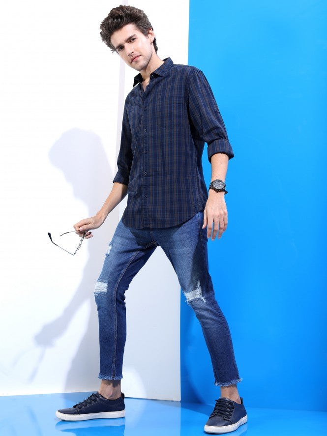 Mens Navy & Brown Slim Fit Checked Casual Shirt - Navy Blue - Image 2