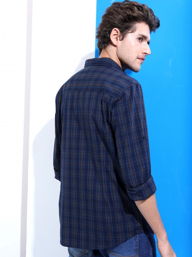 Mens Navy & Brown Slim Fit Checked Casual Shirt - Navy Blue - Image 3