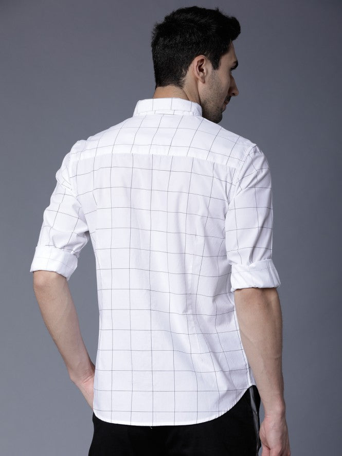 Mens White Slim Fit Checked Casual Shirt - White - Image 3