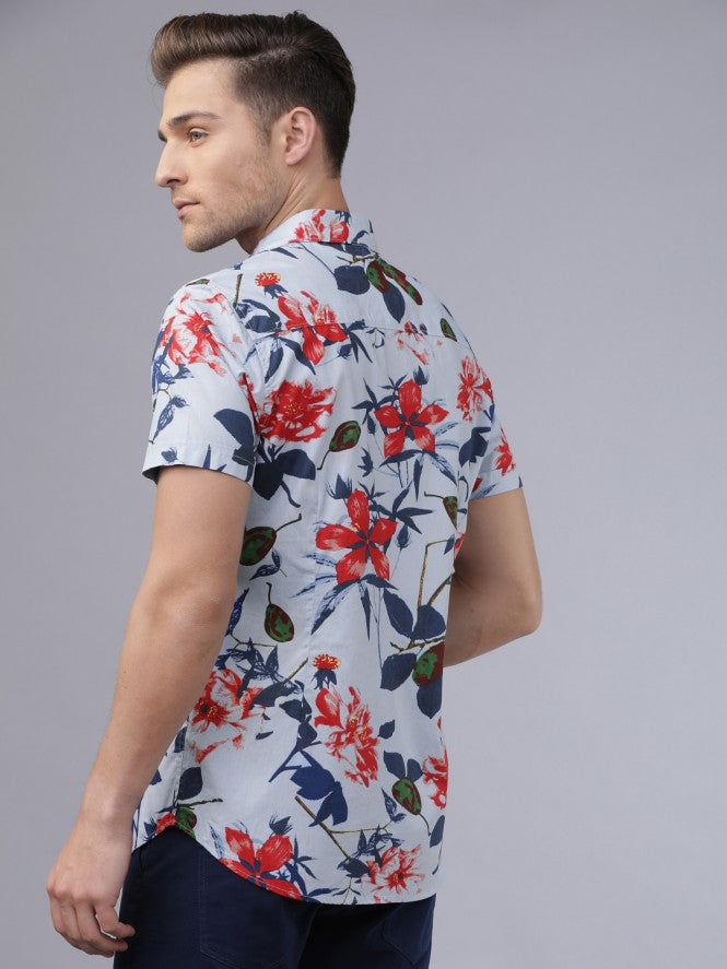 Mens Blue Slim Fit Printed Casual Shirt - Blue - Image 3