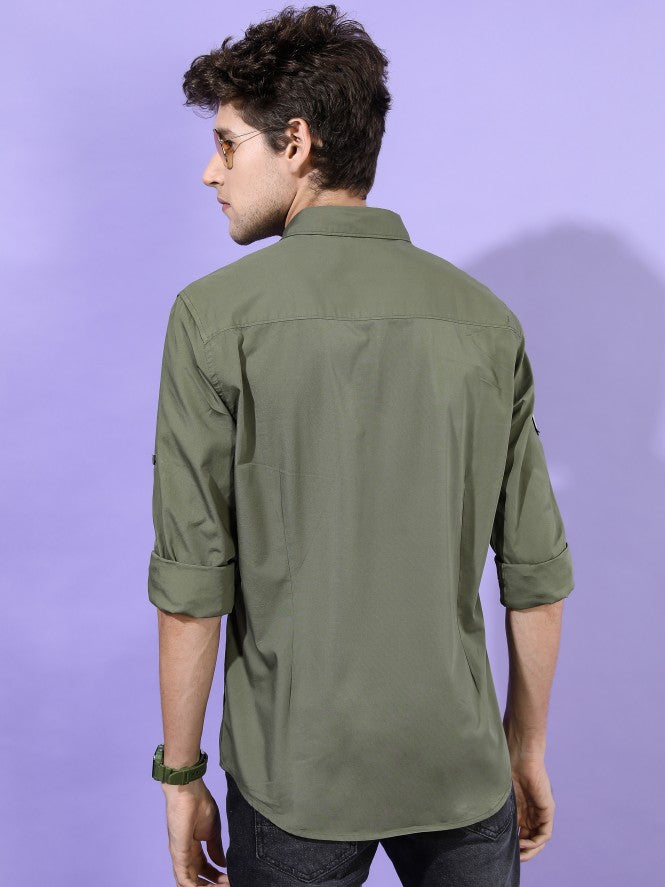 Highlander Men Olive Printed Slim Fit Casual Shirt - Olive - Image 3