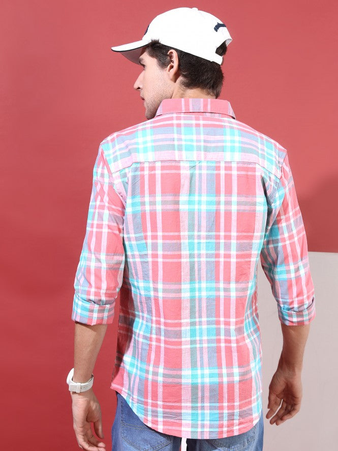 Highlander Men Pink Checked Slim Fit Casual Shirt - Pink - Image 3