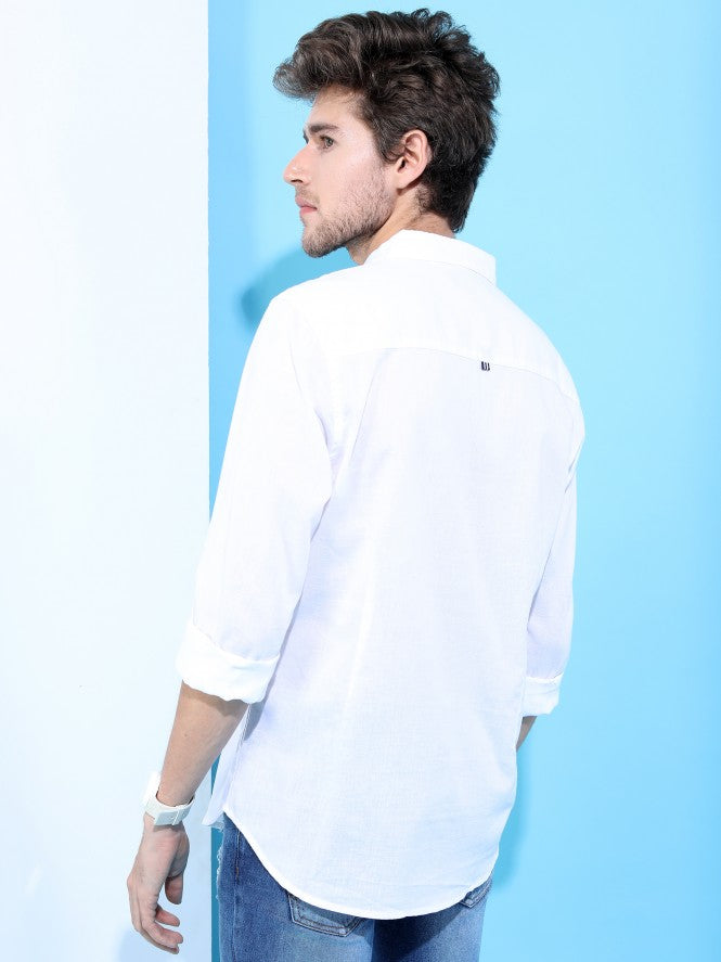 Mens White Slim Fit Solid Casual Shirt - White - Image 3