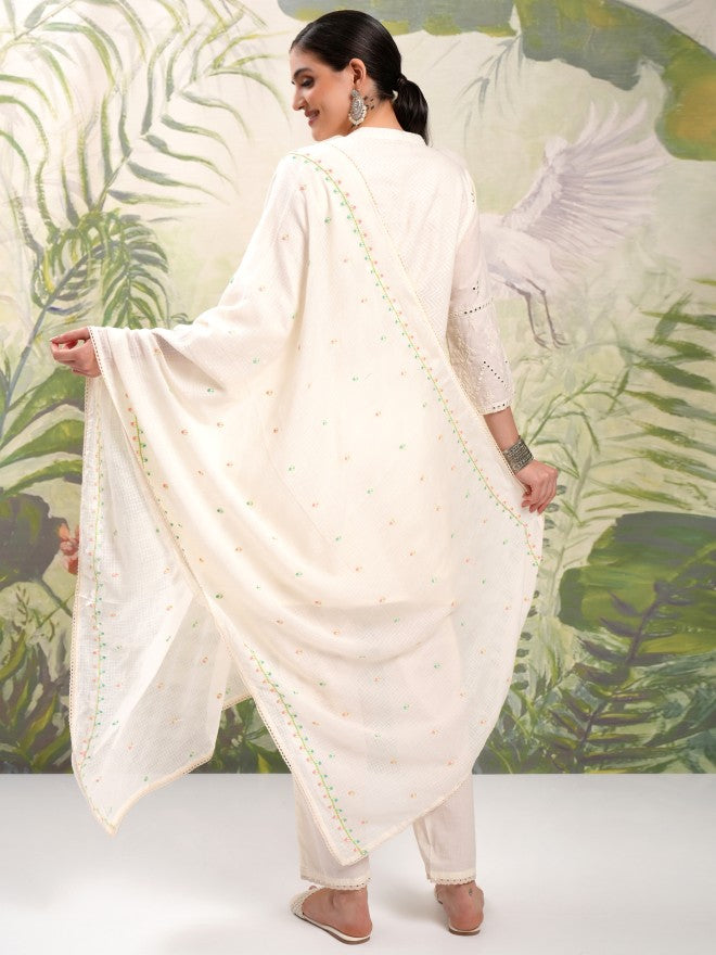 Vishudh Women Cream Embroidered Kurta With Trouser And Dupatta - Cream - Image 3