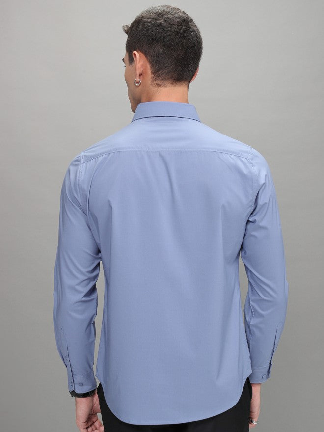 Highlander Men Blue Soft Stretch Solid Multi Occation Slim Fit Shirt - Blue - Image 3