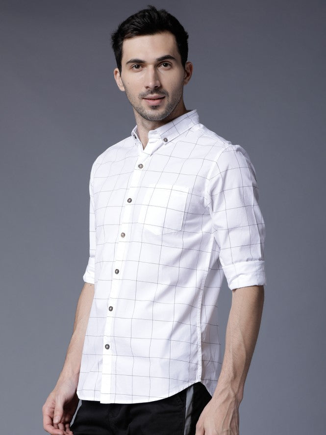 Mens White Slim Fit Checked Casual Shirt - White - Image 4