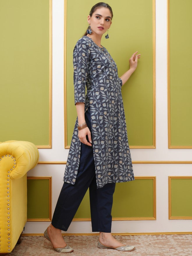 Vishudh Women Blue Printed Straight Kurta - Blue - Image 4