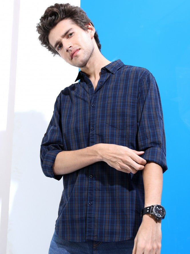 Mens Navy & Brown Slim Fit Checked Casual Shirt - Navy Blue - Image 4
