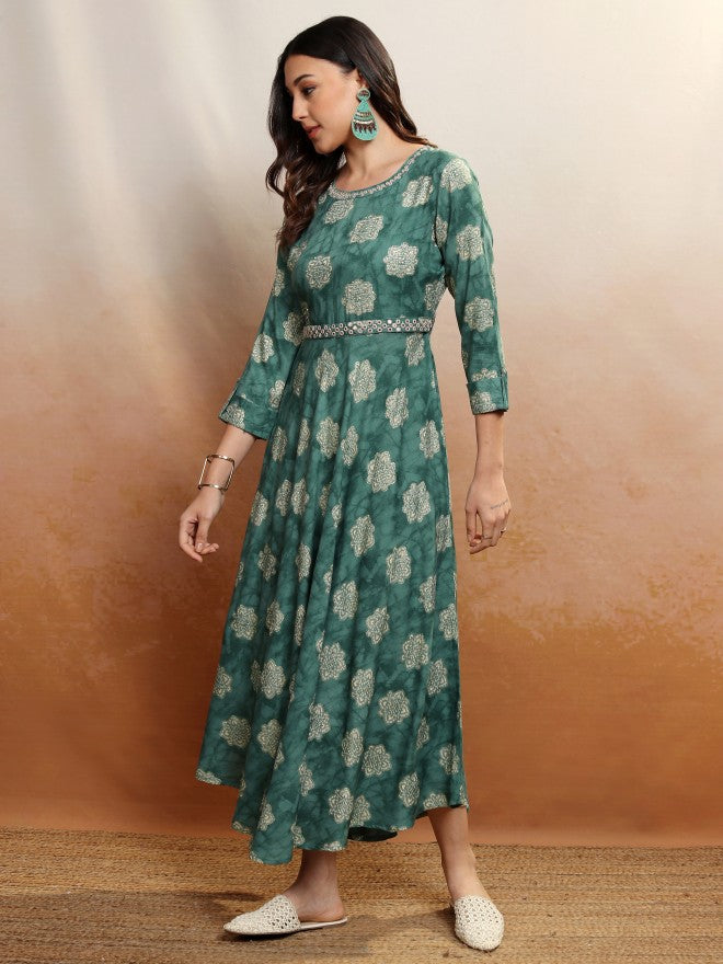 Vishudh Women Green Embroidered Maxi Dress - Green - Image 4
