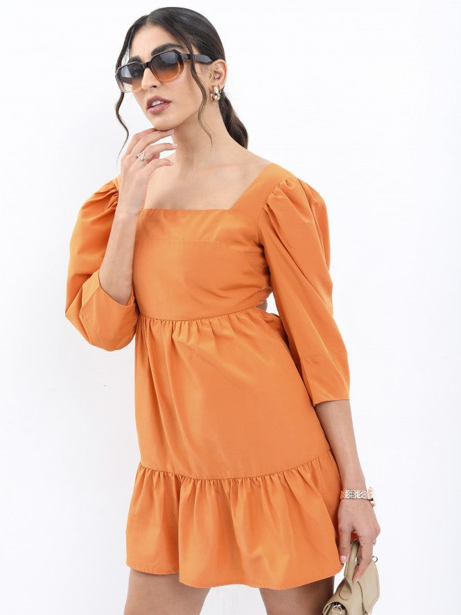 Tokyo Talkies Women Orange Solid Drop-Waist Dress - Orange - Image 4