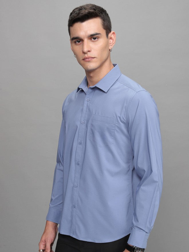 Highlander Men Blue Soft Stretch Solid Multi Occation Slim Fit Shirt - Blue - Image 4