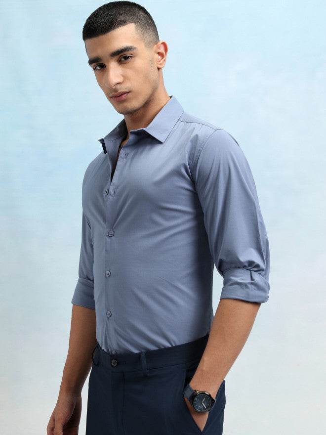 Highlander Men Blue Solid Slim Fit Casual Shirt - Blue - Image 4
