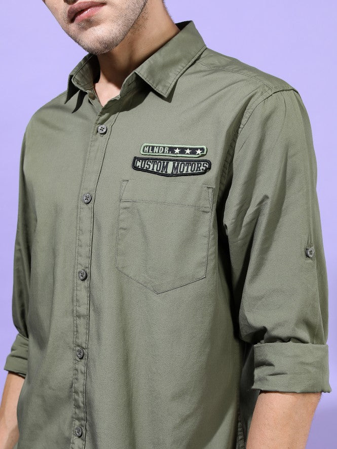 Highlander Men Olive Printed Slim Fit Casual Shirt - Olive - Image 4