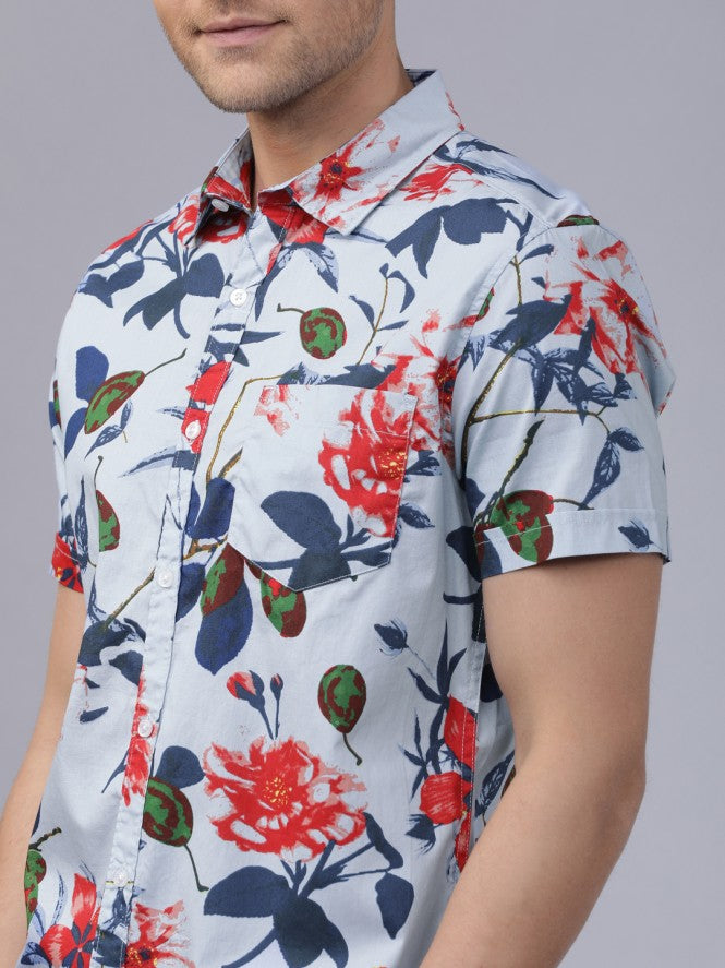 Mens Blue Slim Fit Printed Casual Shirt - Blue - Image 4