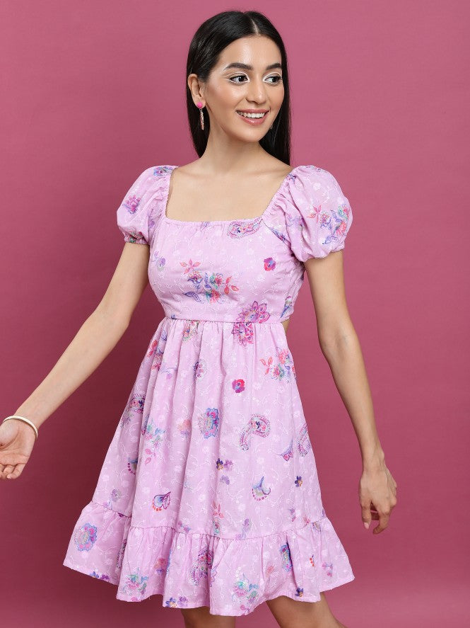 Vishudh Women Pink Printed A-Line Dress - Pink - Image 4