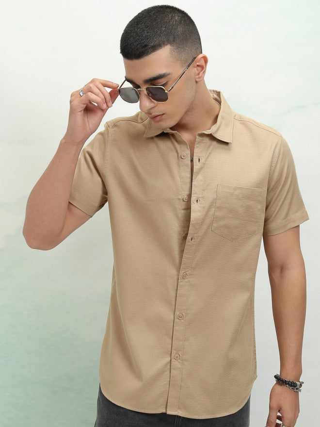 Highlander Men Beige Textured Regular Fit Casual Shirt - Beige - Image 4
