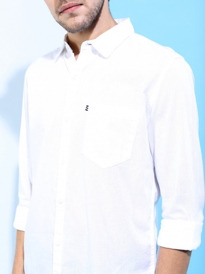 Mens White Slim Fit Solid Casual Shirt - White - Image 4