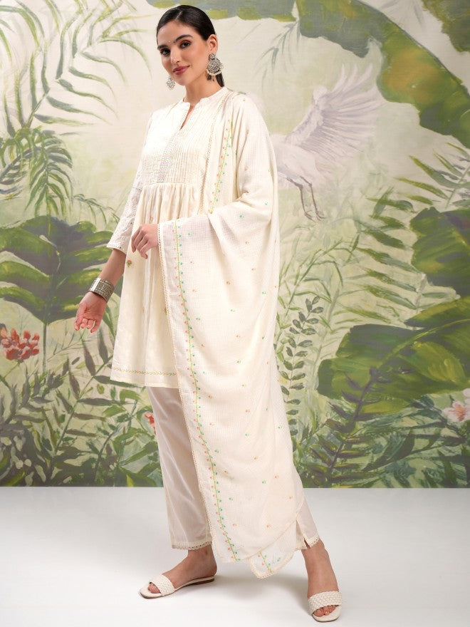 Vishudh Women Cream Embroidered Kurta With Trouser And Dupatta - Cream - Image 4
