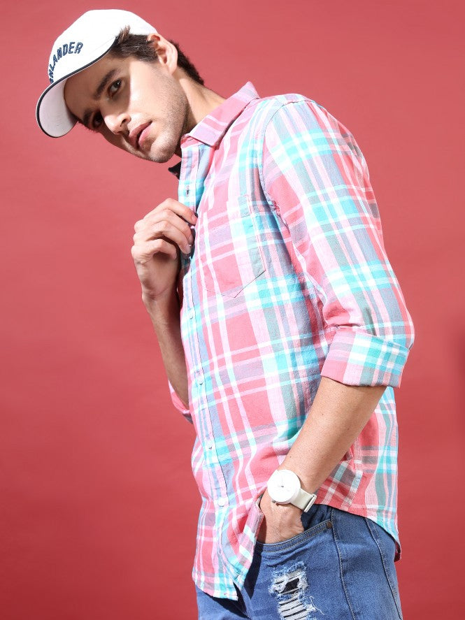 Highlander Men Pink Checked Slim Fit Casual Shirt - Pink - Image 4