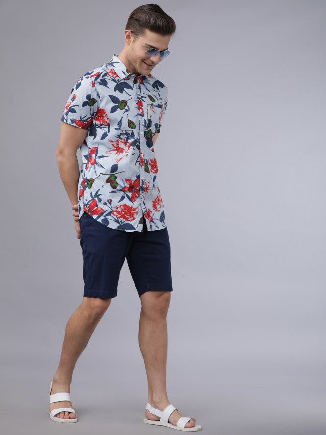 Mens Blue Slim Fit Printed Casual Shirt - Blue - Image 5