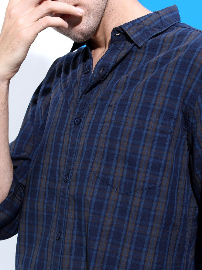 Mens Navy & Brown Slim Fit Checked Casual Shirt - Navy Blue - Image 5