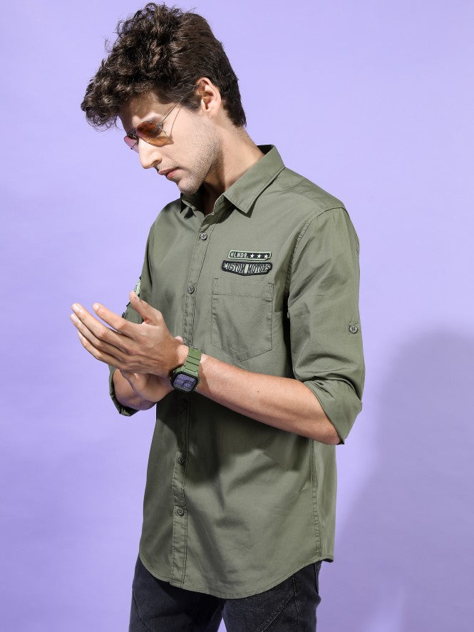 Highlander Men Olive Printed Slim Fit Casual Shirt - Olive - Image 5