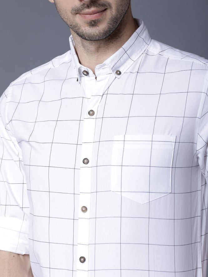 Mens White Slim Fit Checked Casual Shirt - White - Image 5
