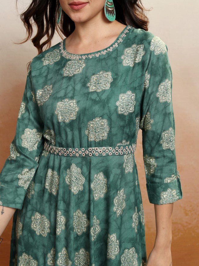 Vishudh Women Green Embroidered Maxi Dress - Green - Image 5