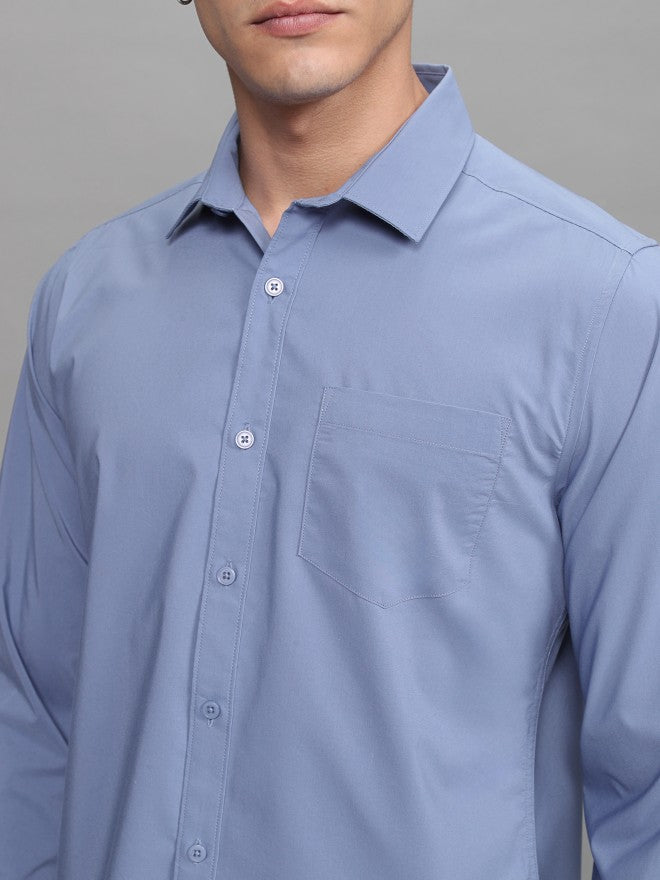 Highlander Men Blue Soft Stretch Solid Multi Occation Slim Fit Shirt - Blue - Image 5