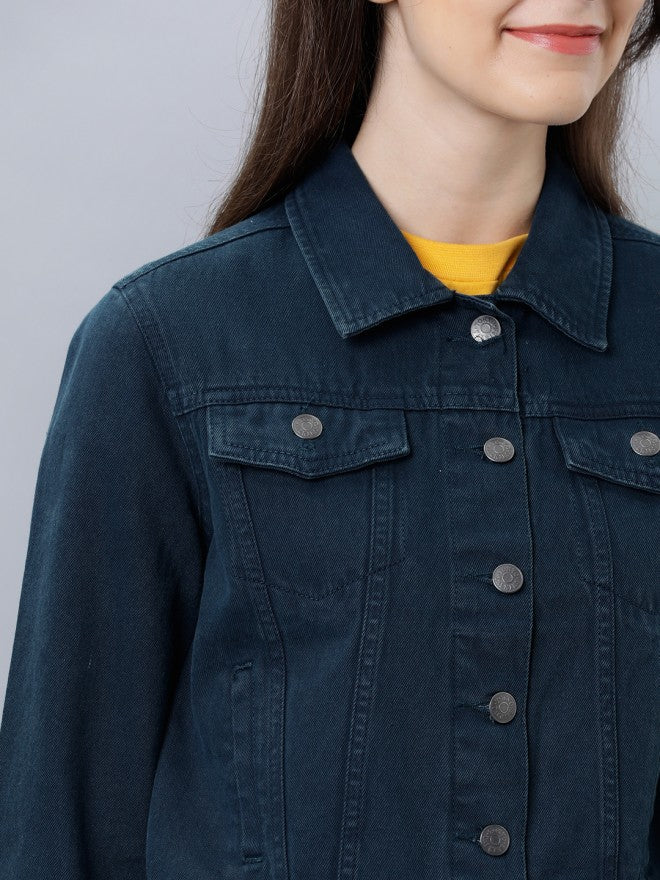 Tokyo Talkies Women Green Denim Jacket - Green - Image 4