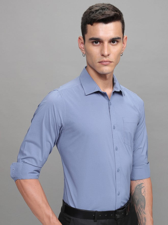 Highlander Men Blue Soft Stretch Solid Multi Occation Slim Fit Shirt - Blue - Image 6