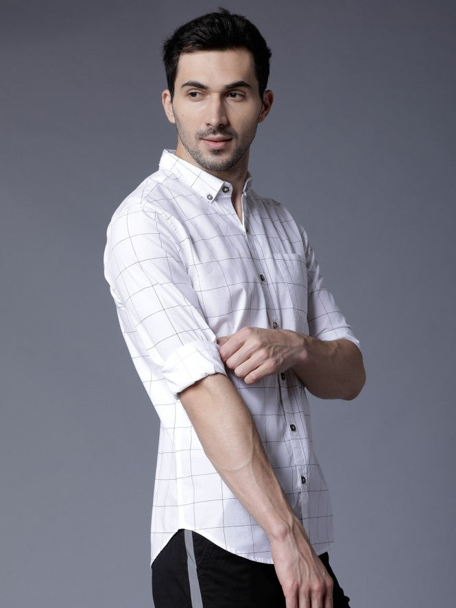 Mens White Slim Fit Checked Casual Shirt - White - Image 6