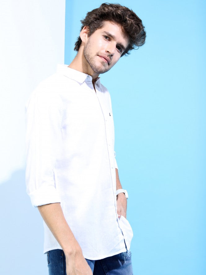 Mens White Slim Fit Solid Casual Shirt - White - Image 6