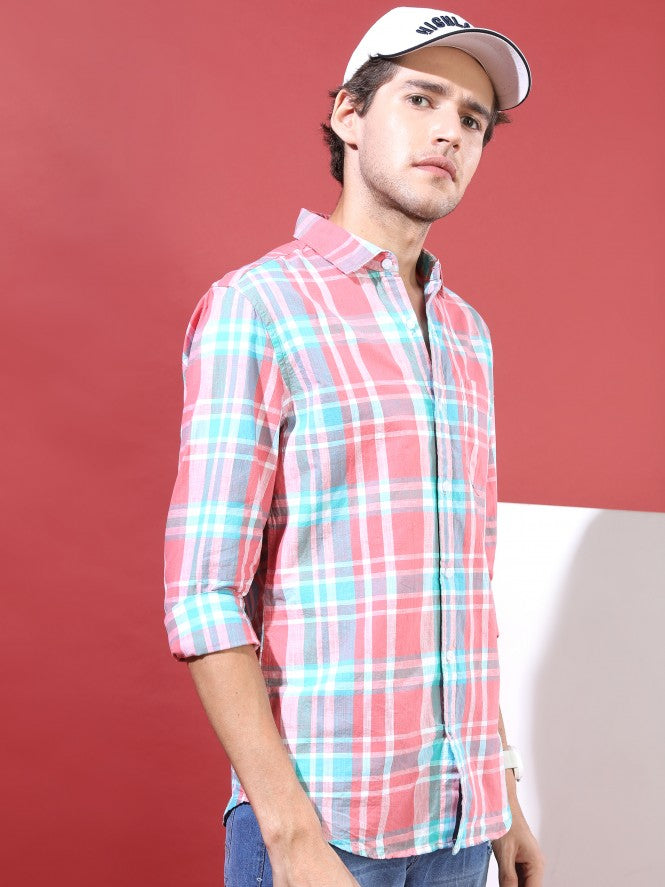 Highlander Men Pink Checked Slim Fit Casual Shirt - Pink - Image 6