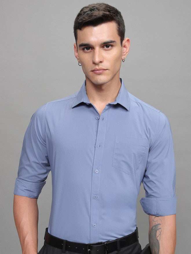 Highlander Men Blue Soft Stretch Solid Multi Occation Slim Fit Shirt - Blue - Image 7